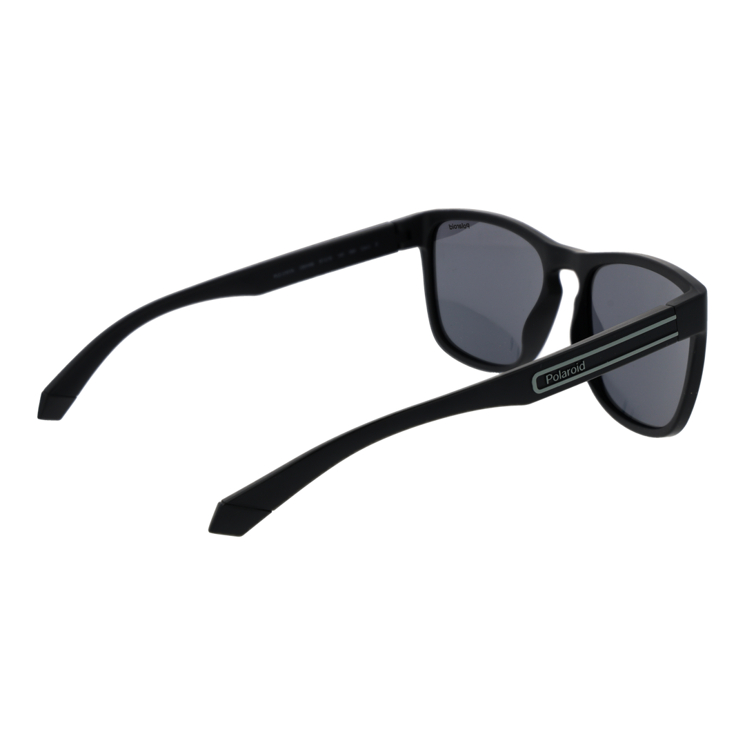 Black rectangular sunglasses on neutral background showing polarized lenses and two horizontal temple stripes