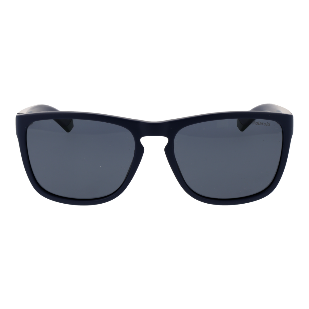 Dark blue rectangular plastic sunglasses with polarized lenses and subtle side stripes on a neutral background