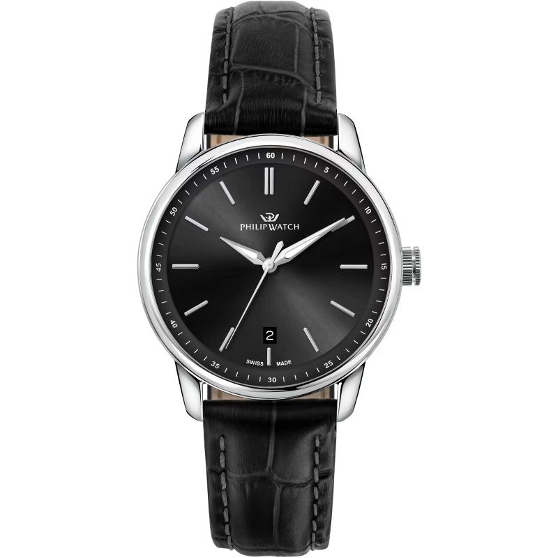 Philip Watch Swiss-Made Black Leather Timepiece