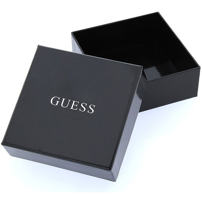 Silver chain bracelet patterned with circular Guess logos and blue-green turquoise accents on glossy metal
