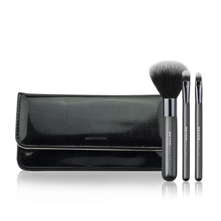 Six-piece black synthetic makeup brush set in foldable magnetic case for Women