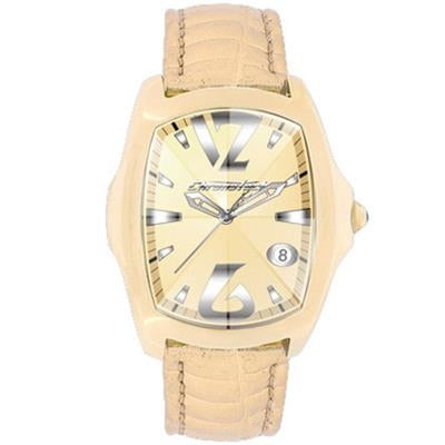 Beige leather strap watch, gold-toned metal case, light gold dial, Arabic numerals 12 and 6, date window