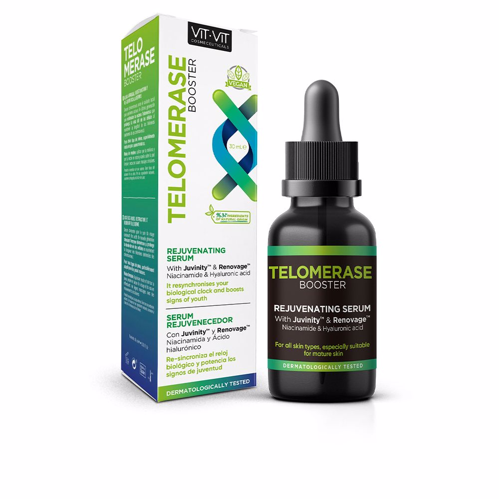 30 ml glass bottle of telomerase-activating serum, pale liquid, minimalist label