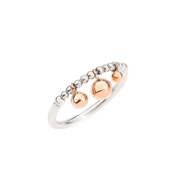 Silver beaded ring with dangling rose gold spheres on a modern white background for Women