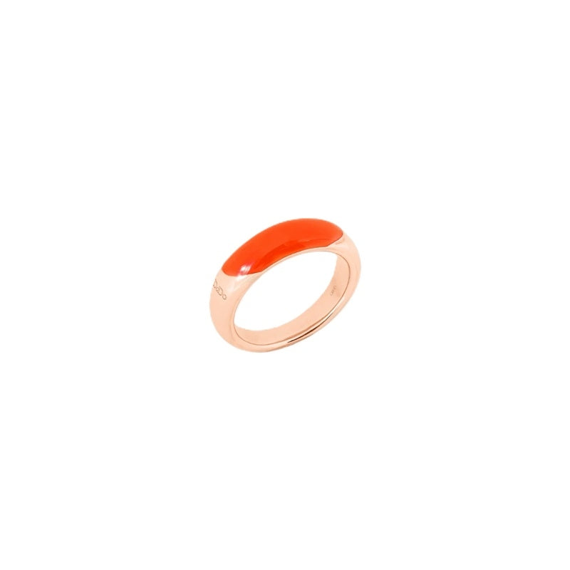 Rose gold fashion ring featuring orange enamel stripe on smooth polished gold band photographed on white background