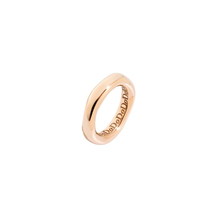 Unisex rose gold polished minimalist gold band ring shown on neutral background, slim uniform profile