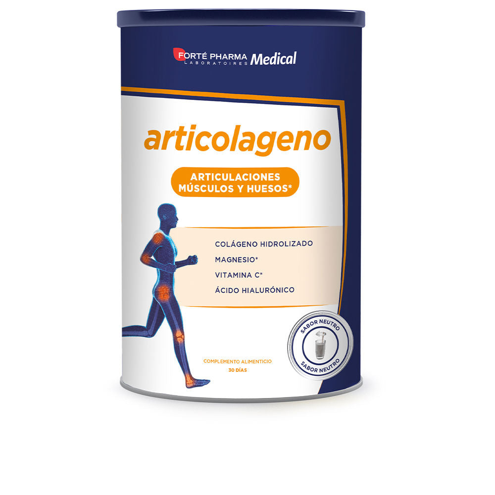 Blue, white, orange cylindrical supplement container with ingredient text blocks and joint diagram, Forté Pharma