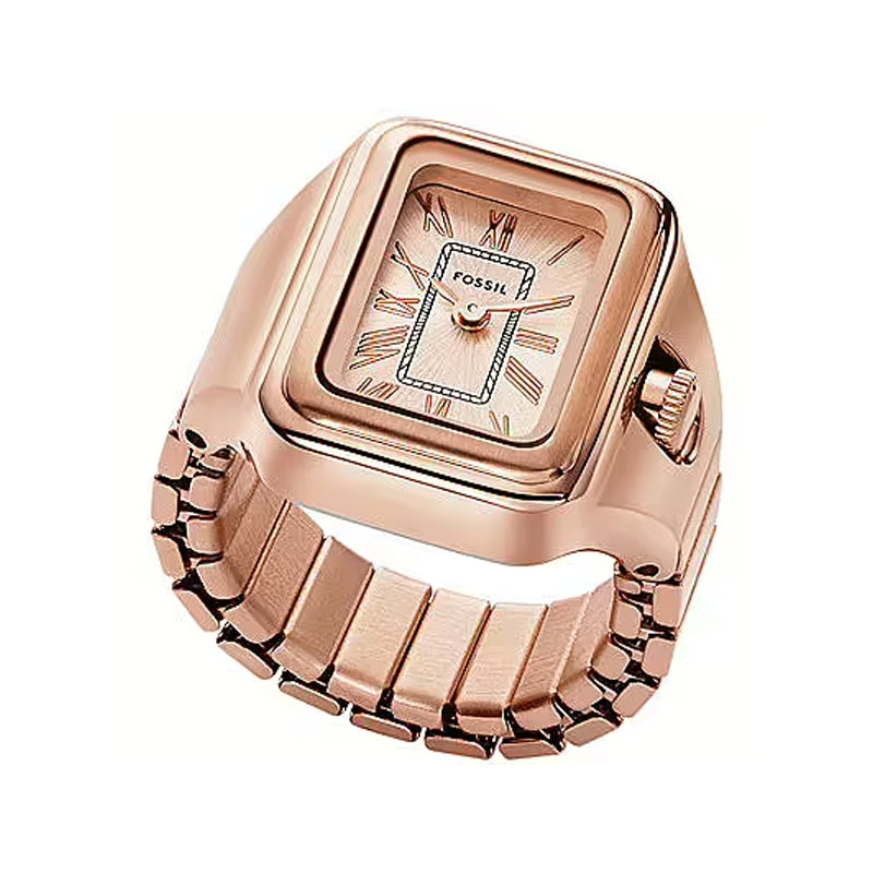 Rose gold-tone watch ring with rectangular face, Roman numerals, adjustable band on hand