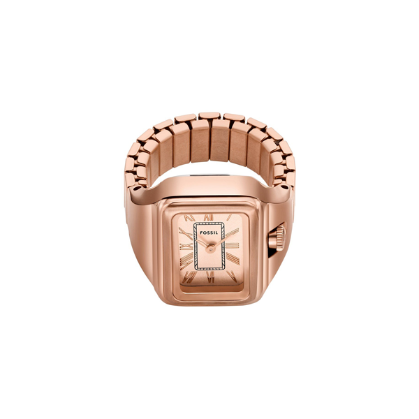 Rose gold-tone watch ring with rectangular face, Roman numerals, adjustable band on hand
