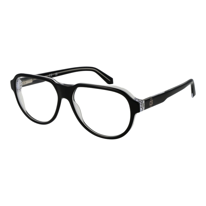 Unisex black full-rim rectangular eyeglasses with clear transparent temple accents and rounded edges