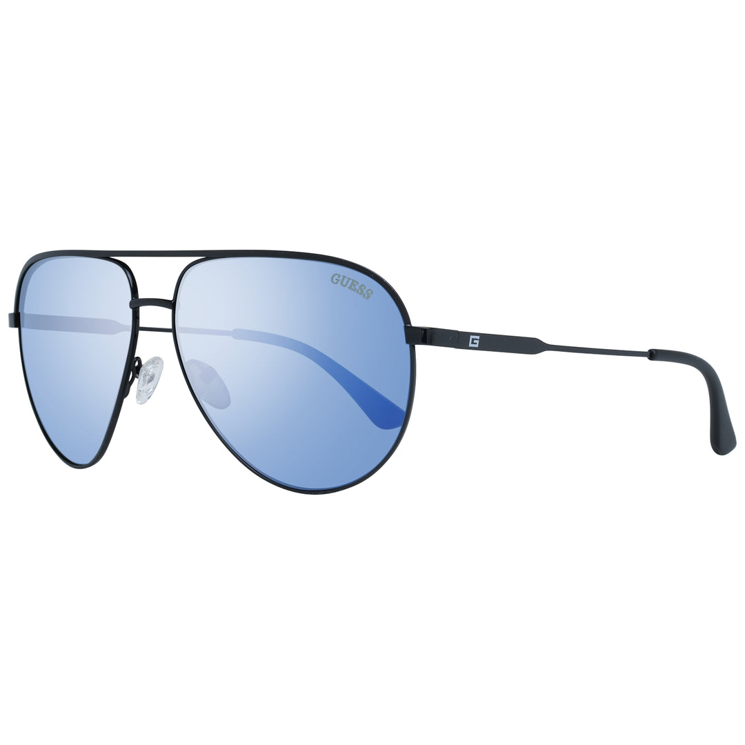 Unisex black thin metal aviator sunglasses with blue lenses and adjustable plastic nose pads on white background