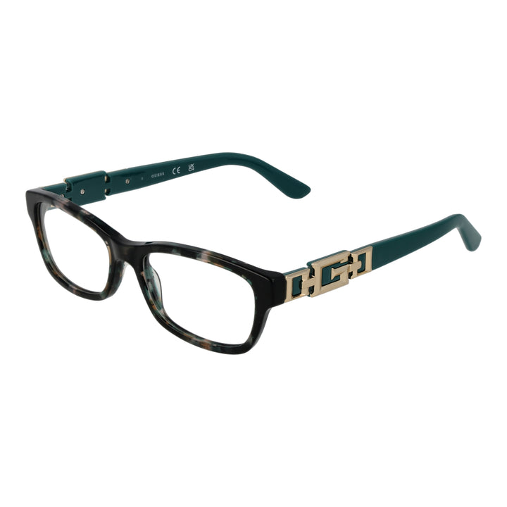Black rectangular eyeglasses for Women with green-tinted lenses and gold logo temples, plastic full-rim frame
