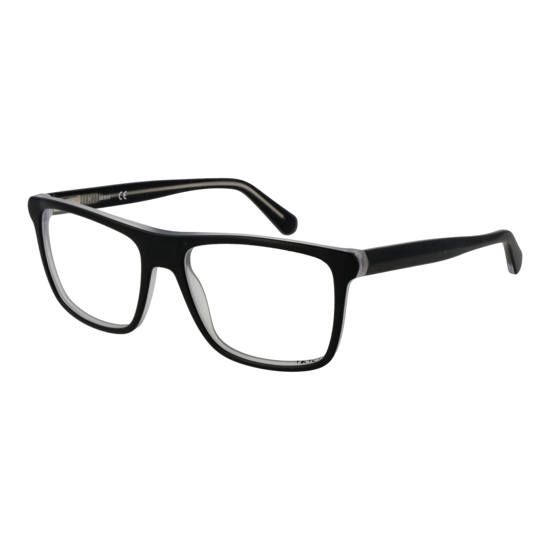 Black full-rim rectangular eyeglasses in modern plastic frame shown front-on and slightly angled