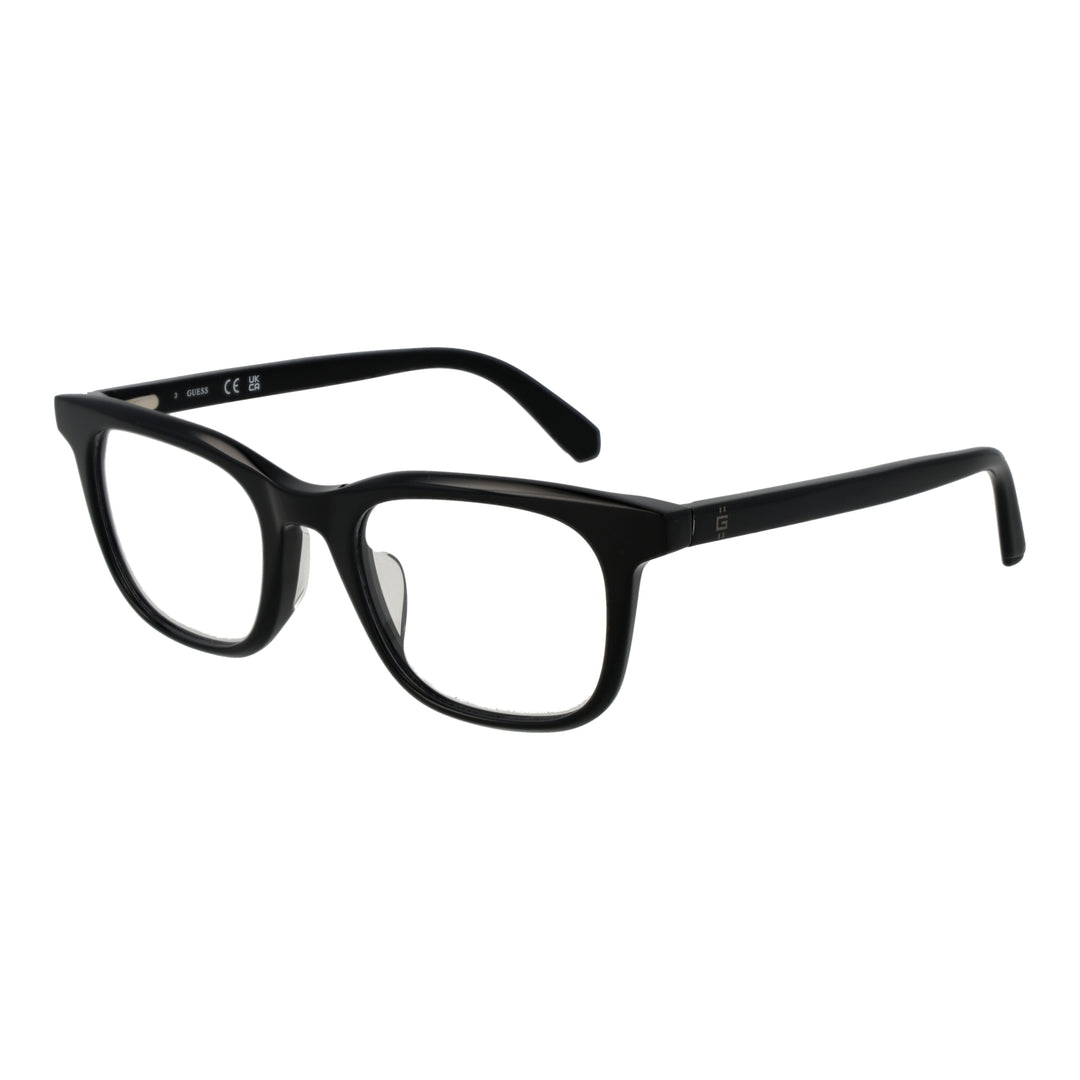 Unisex black full-rim rectangular eyeglasses in plastic with nose pads, front and angled view