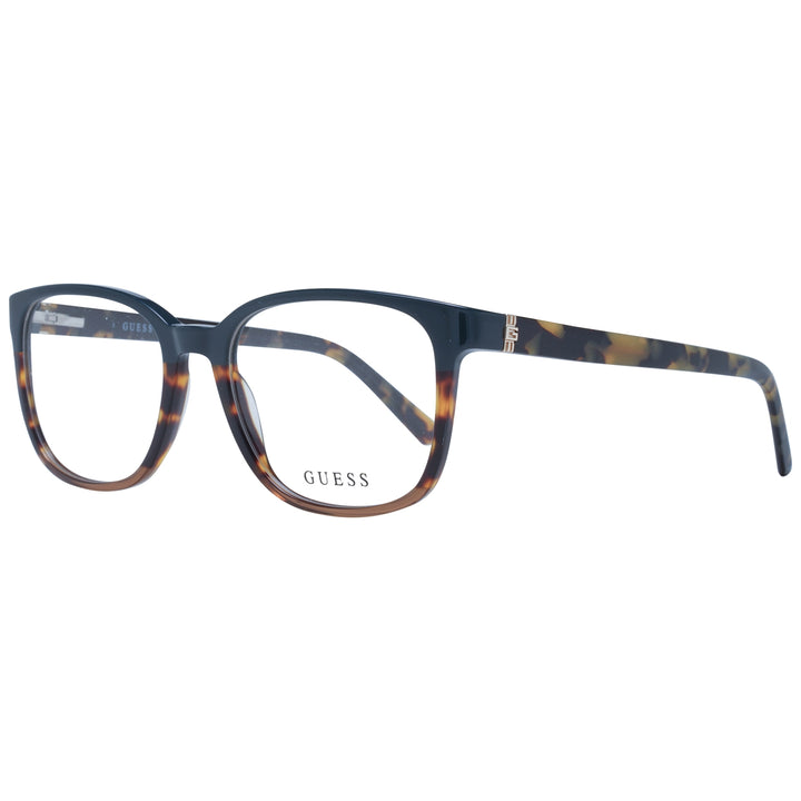 Black and tortoiseshell brown square eyeglasses in plastic with gradient frame and metallic temple logo