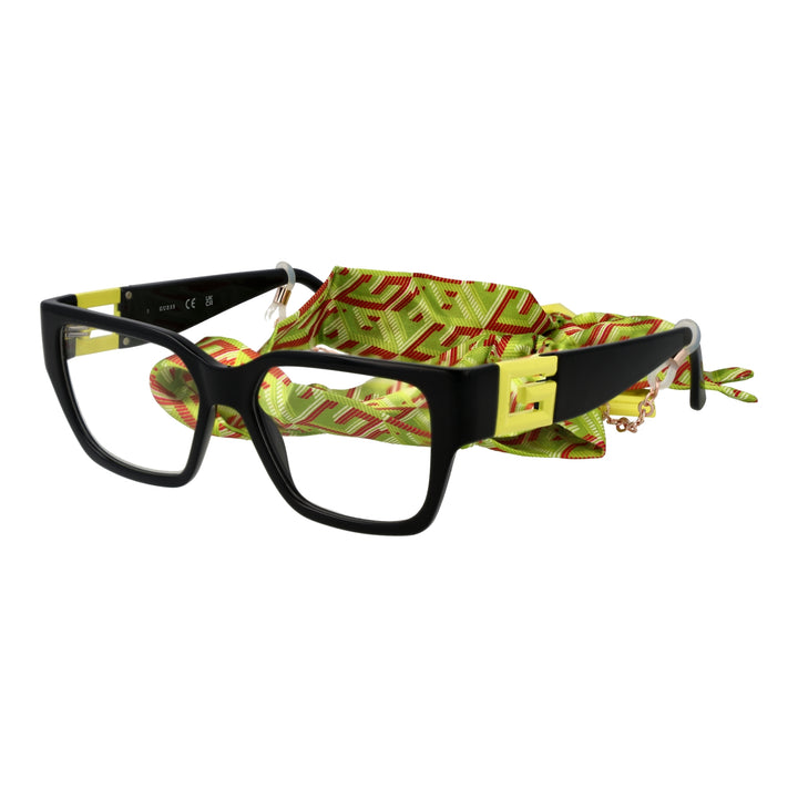 Black rectangular full-rim eyeglasses with colorful temple accents, decorative &