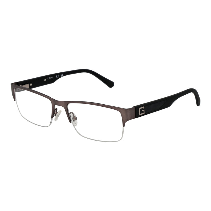 Brown and black half-rim eyeglasses, rectangular lenses, metal frame, adjustable nose pads, plastic temple tips