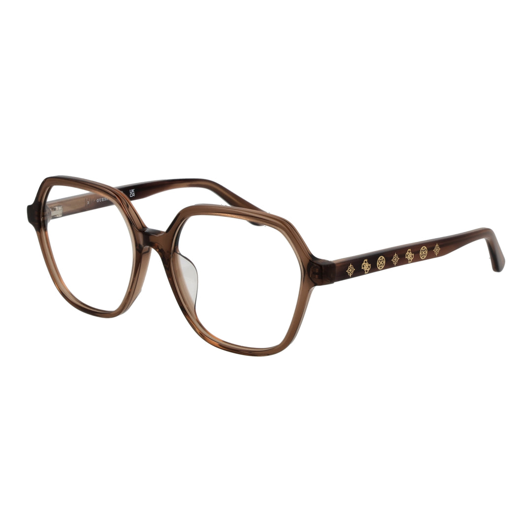 Brown geometric plastic eyeglasses with gold decorative temple symbols, clear lenses, retro-inspired shape