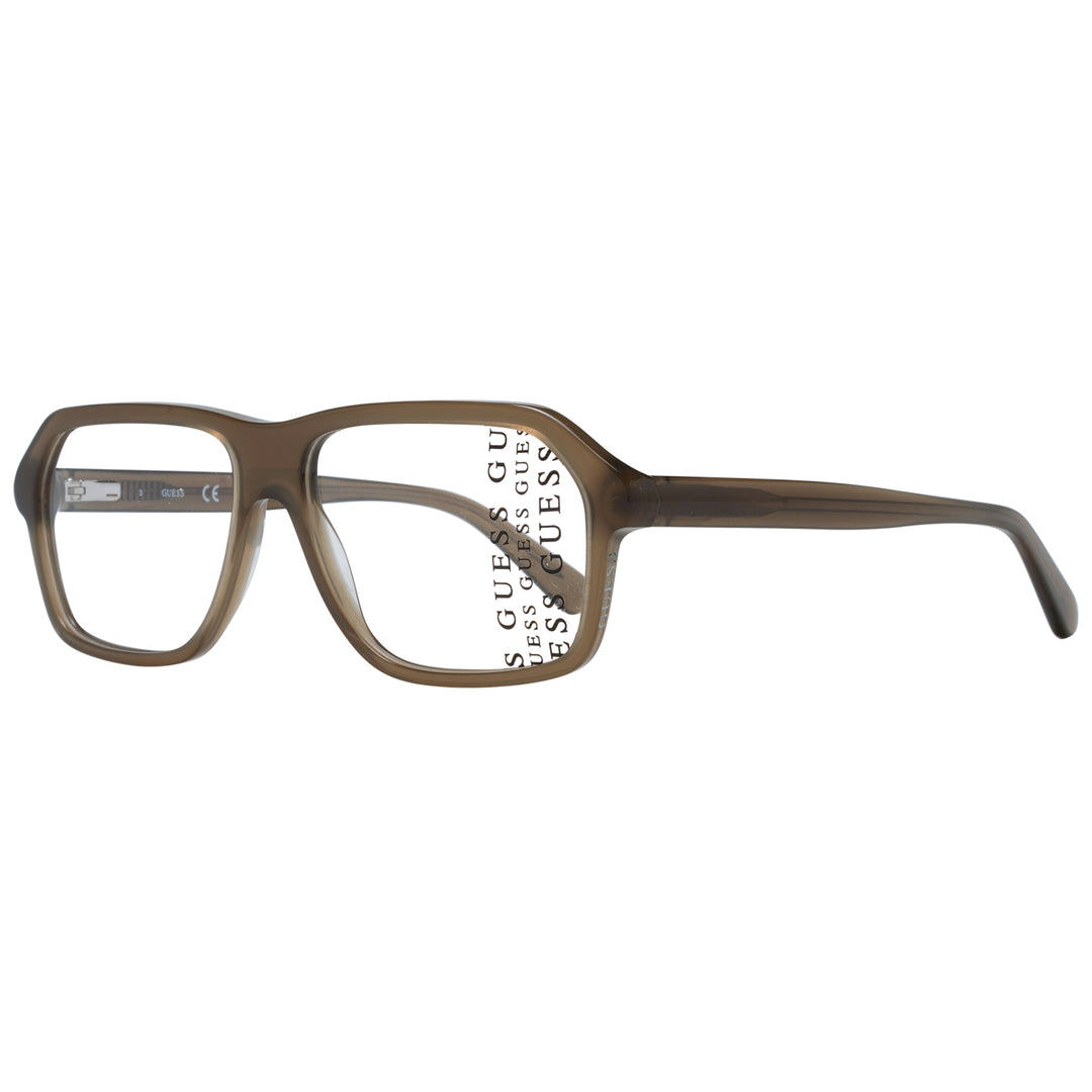 Unisex brown plastic full-rim rectangular eyeglasses on neutral background, modern clean silhouette