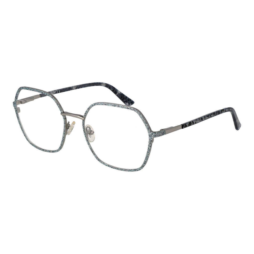 Silver and black hexagonal eyeglasses with glitter frame front and adjustable nose pads for Women
