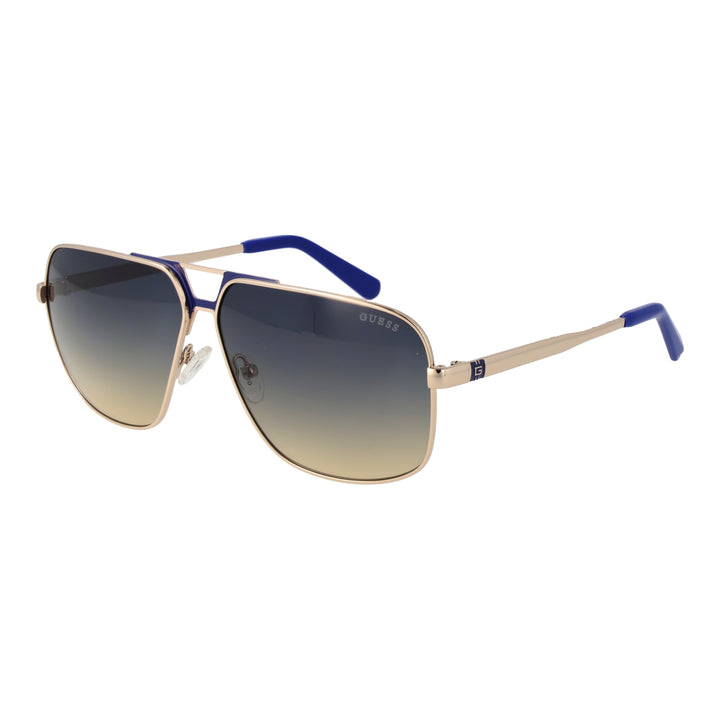 Unisex gold metal aviator sunglasses with blue-to-clear gradient lenses and double bridge, logo on temple