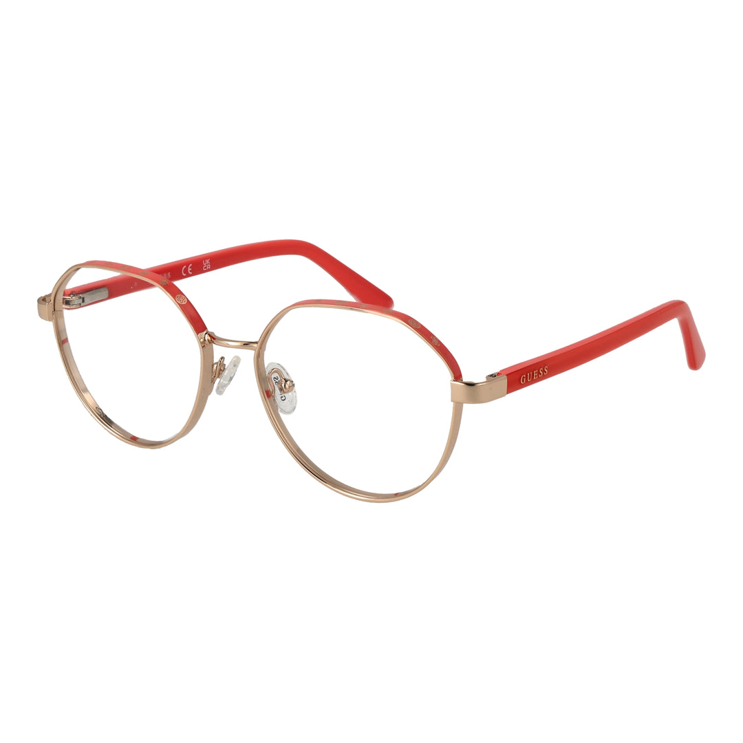 Gold metal round eyeglasses with red plastic temple tips, adjustable nose pads, modern slim frame for Women