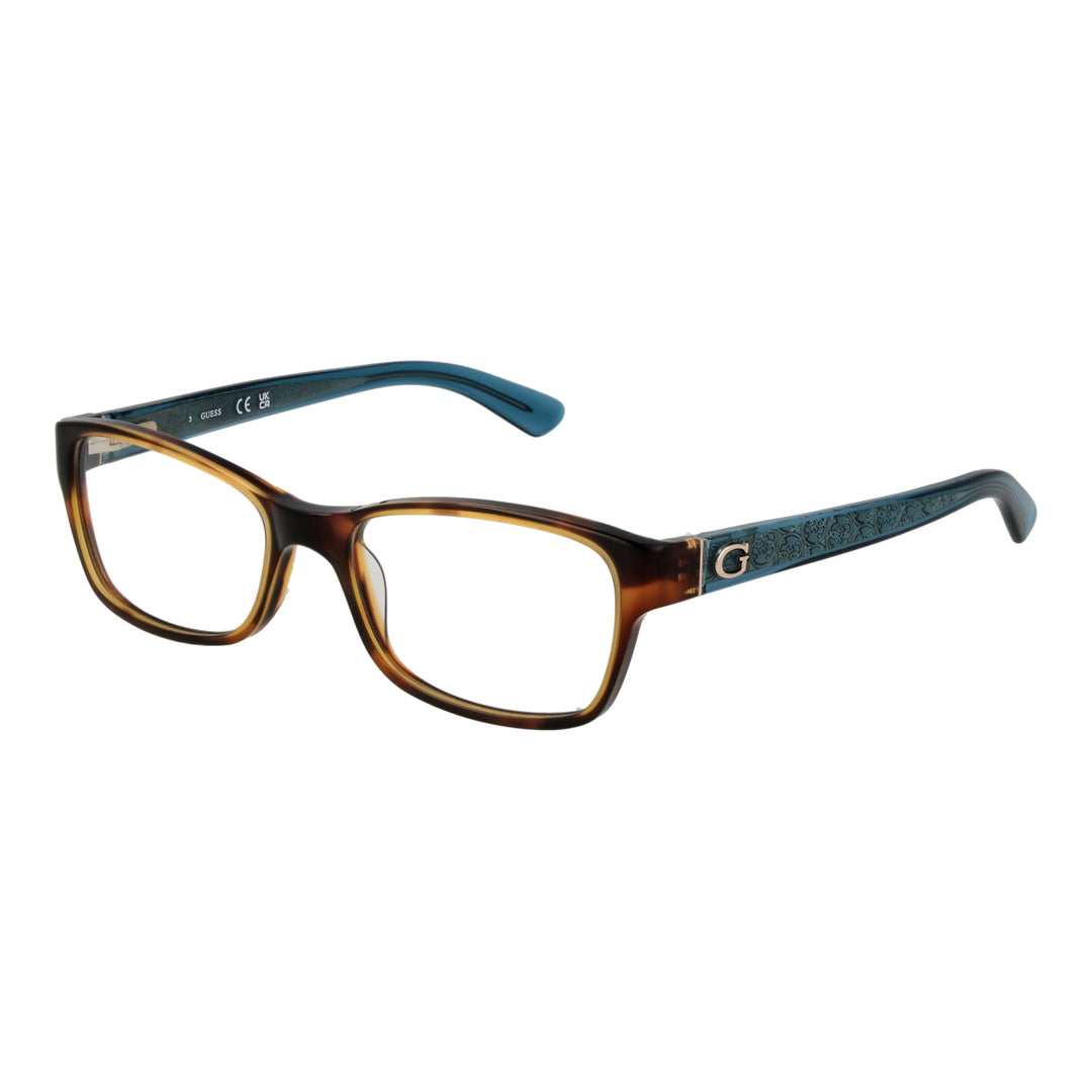 Brown and blue plastic rectangular eyeglasses with patterned temples and metallic G logo, front three-quarter view