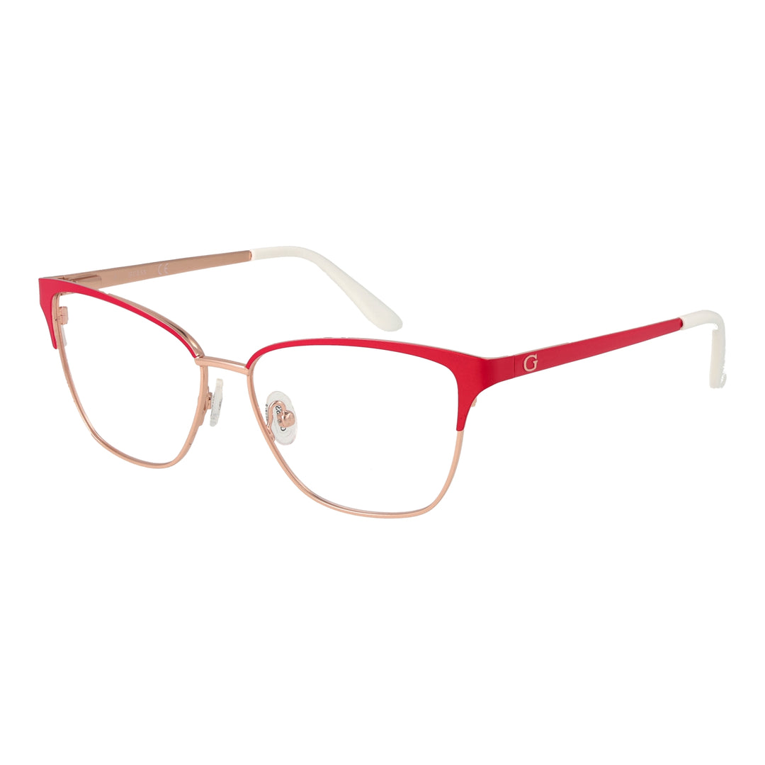 Red-accented rose gold metal cat-eye eyeglasses with white detailing, clear lenses, and adjustable nose pads on neutral background.