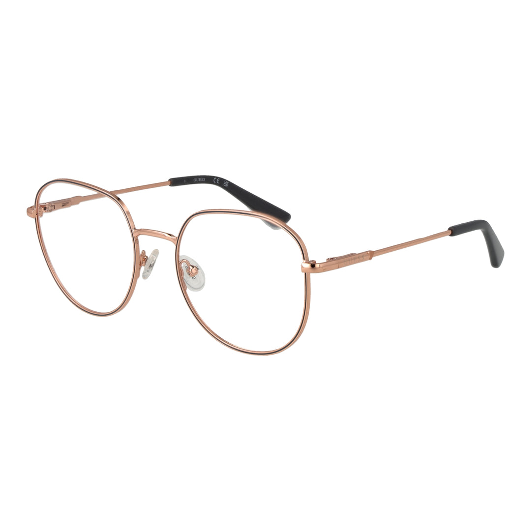 Unisex rose gold round metal eyeglasses with black temple tips and clear lenses, thin frame, adjustable nose pads.
