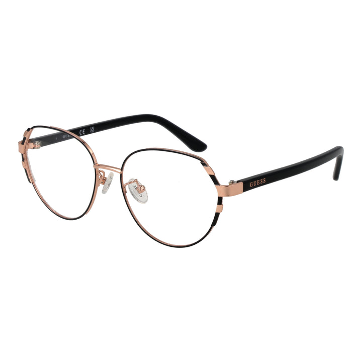 Rose gold thin metal round eyeglasses with black plastic temple tips on white background, minimalist modern design