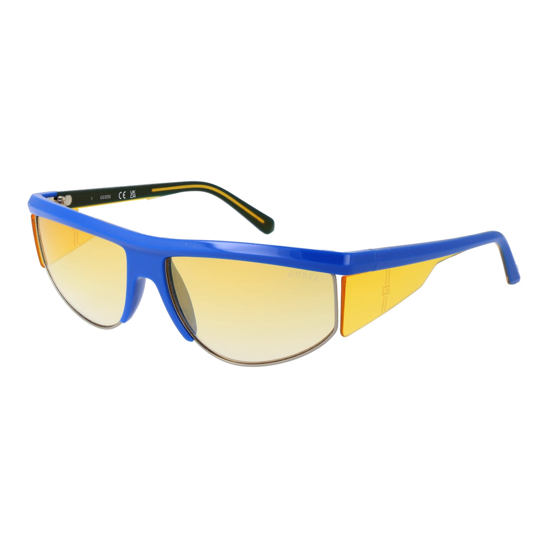 Blue, yellow, and orange sporty plastic sunglasses with tinted polarized lenses and side shields
