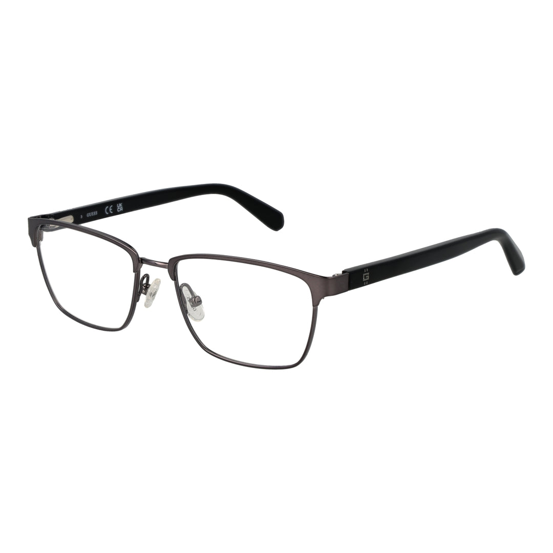 Unisex thin metal rectangular eyeglasses in black and dark gray with nose pads and plastic temple tips