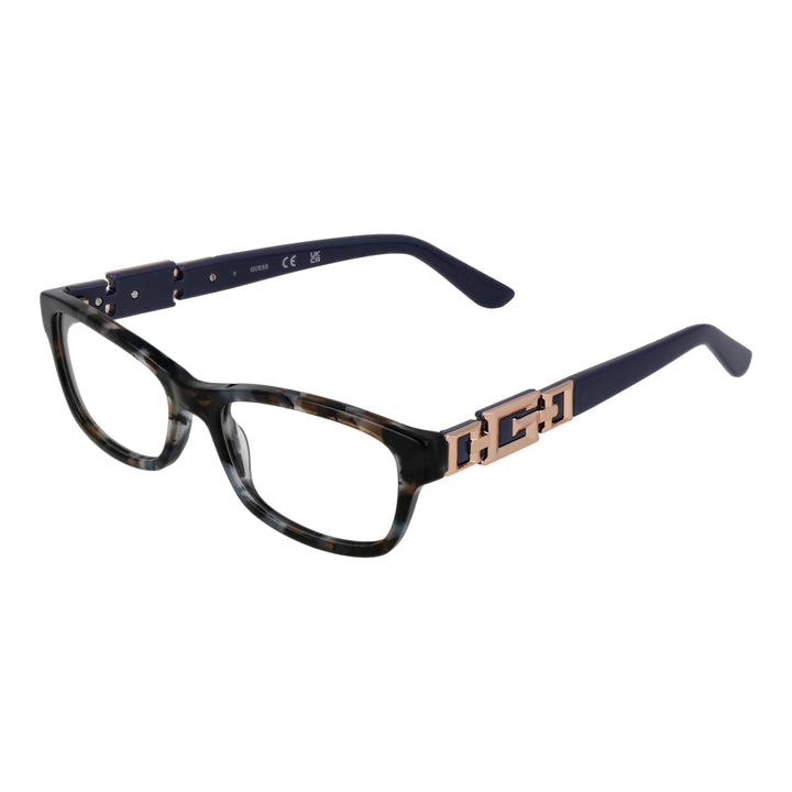 Tortoise shell rectangular eyeglasses with dark blue arms and rose-gold chain-link temple accents