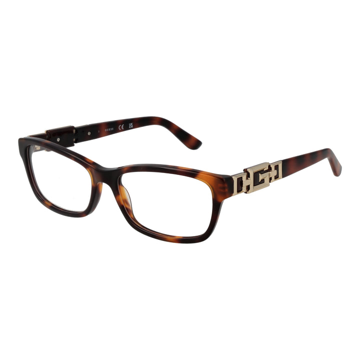 Tortoise brown rectangular full-rim eyeglasses in plastic with gold hinge detail, front three-quarter view