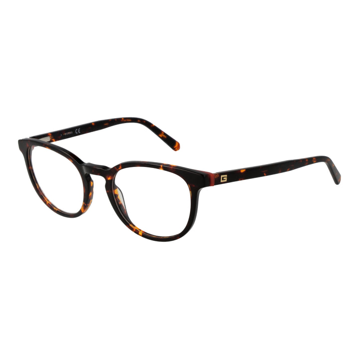 Unisex tortoise shell full-rim rectangular eyeglasses with gold logo on temples, brown and amber pattern