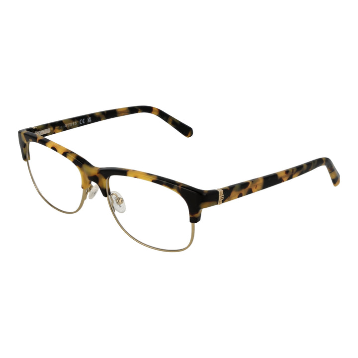 Unisex tortoise-pattern semi-rimless eyeglasses with plastic upper and metal lower rims, adjustable nose pads