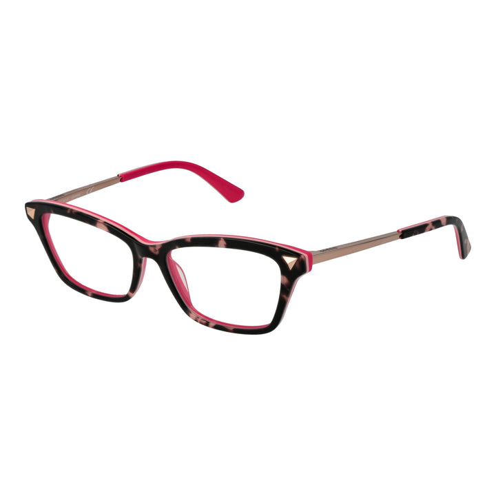 Black tortoiseshell rectangular eyeglasses with pink inner frame and metal temples, triangular corner accents