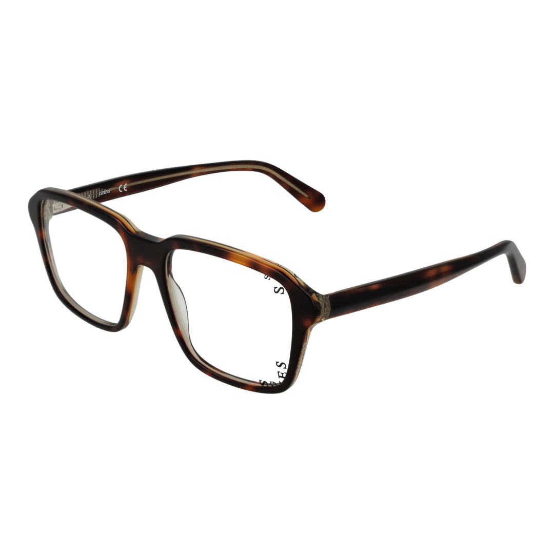 Unisex tortoiseshell rectangular full-rim eyeglasses in warm brown tones on neutral background, three-quarter view.