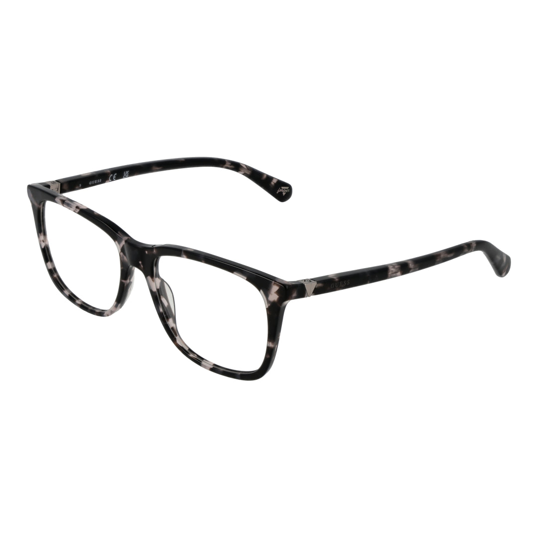 Black and white tortoiseshell full-rim rectangular eyeglasses with metal triangle temple detail, front three-quarter view