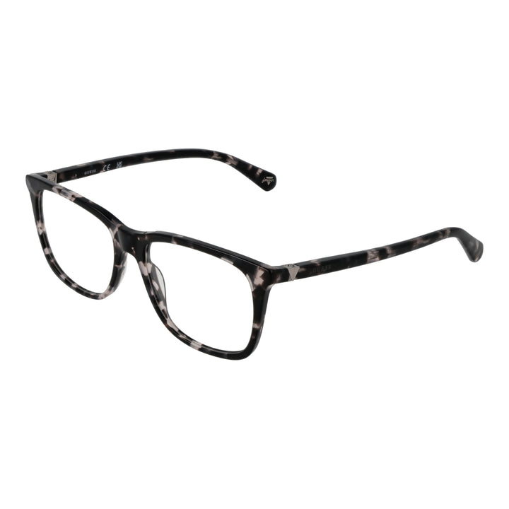 Black and white tortoiseshell full-rim rectangular eyeglasses with metal triangle temple detail, front three-quarter view