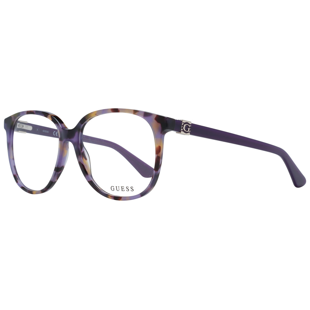 Purple tortoiseshell round eyeglasses in plastic with metal logo on temple, front three-quarter view