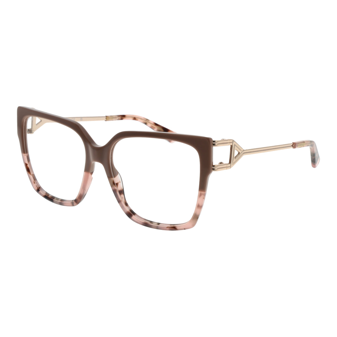 Brown tortoiseshell square eyeglasses with slim metal temples and triangular metal detail, angled view on white