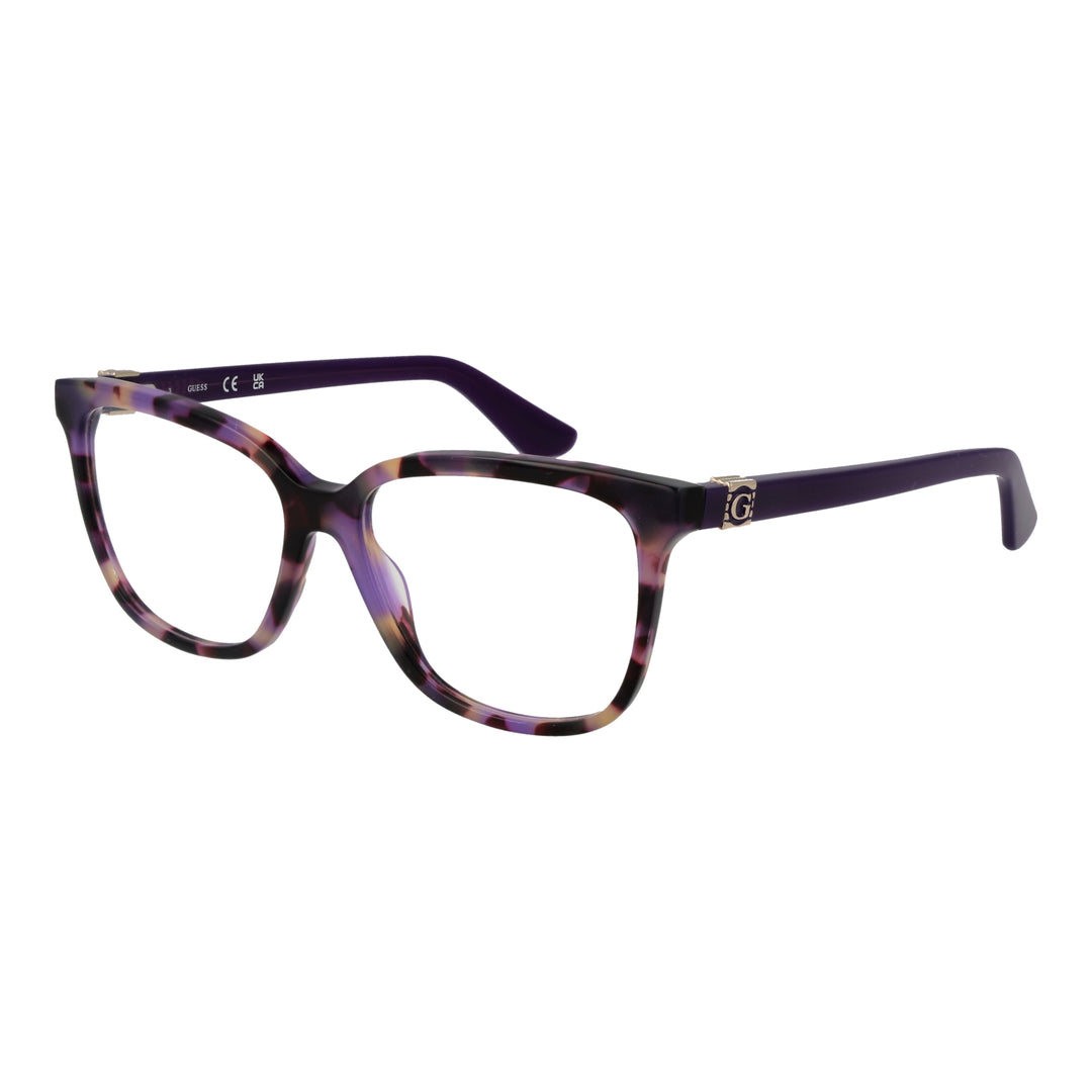 Front and three-quarter view of tortoiseshell square eyeglasses with metal logo temples in purple, black, pink tones