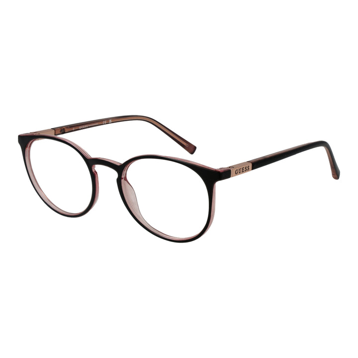 Black and brown plastic round eyeglasses with thin frame and transparent inner rim shown front view