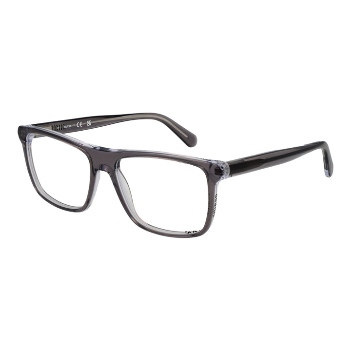 Unisex transparent gray plastic eyeglasses with rectangular lenses and modern full-rim frame on white