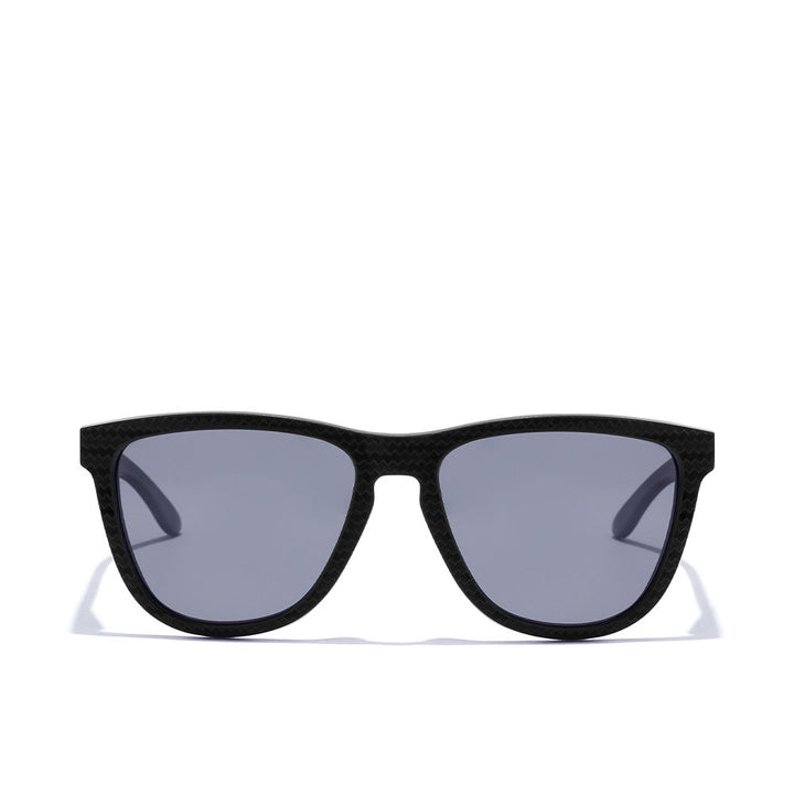 Square black TR90 sunglasses with diagonal graphite sheen and blue chrome polarised lenses