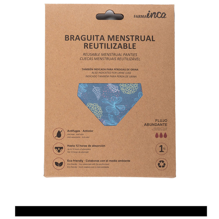 Inca blue menstrual panties with yellow and pink floral pattern, folded, youth cut, visible seam details.
