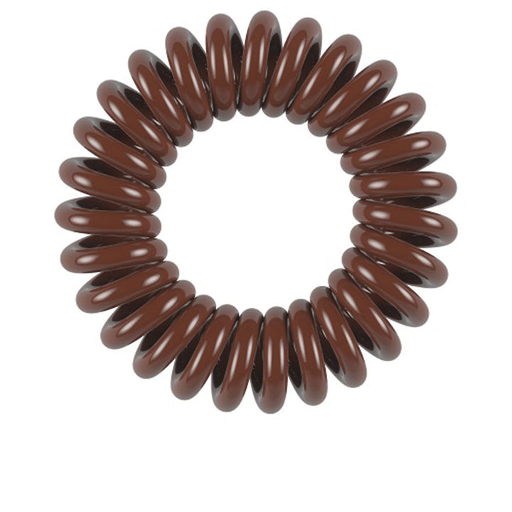Three pretzel brown spiral hair rings in recyclable pack, waterproof design