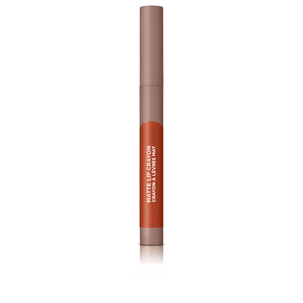 Slim matte lip crayon in warm spice shade, bevelled tip visible, 2.5 g