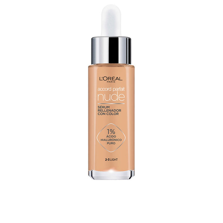 30 ml pump bottle of lightweight tinted hyaluronic serum, natural luminous finish